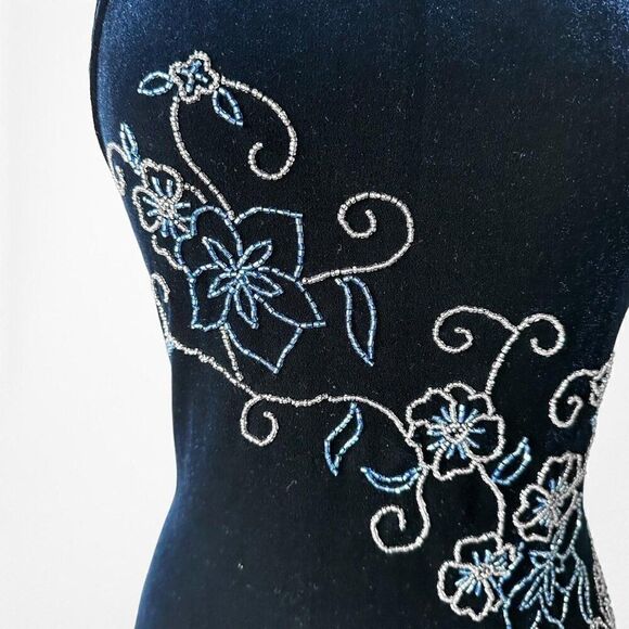 Vintage Navy Blue Knit Velvet Floral Beaded Maxi Bodycon Formal Dress Size M/L - Picture 7 of 7